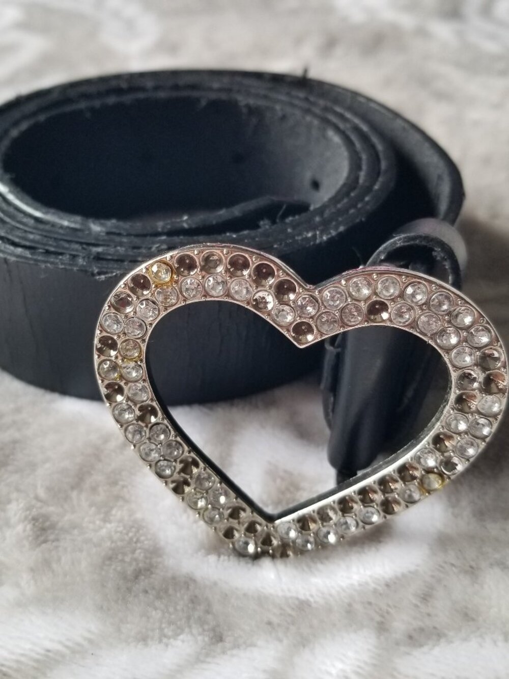 Y2K XOXO Women's Belt Large Black Silver Heart Buckle Rhinestones Leather Vintag